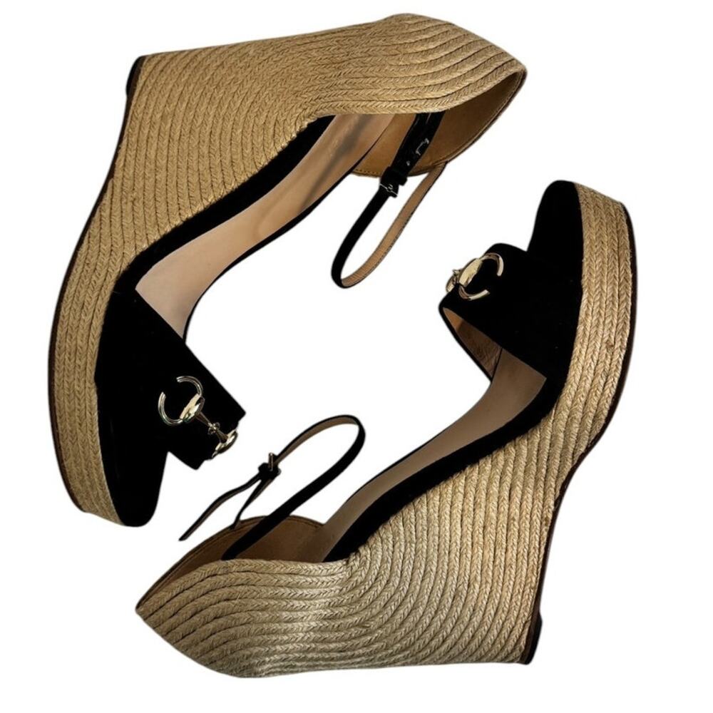 Gucci Horsebit Espadrille Black Suede Wedges Size  41.5 Box & Dust Bags Included - Picture 14 of 16
